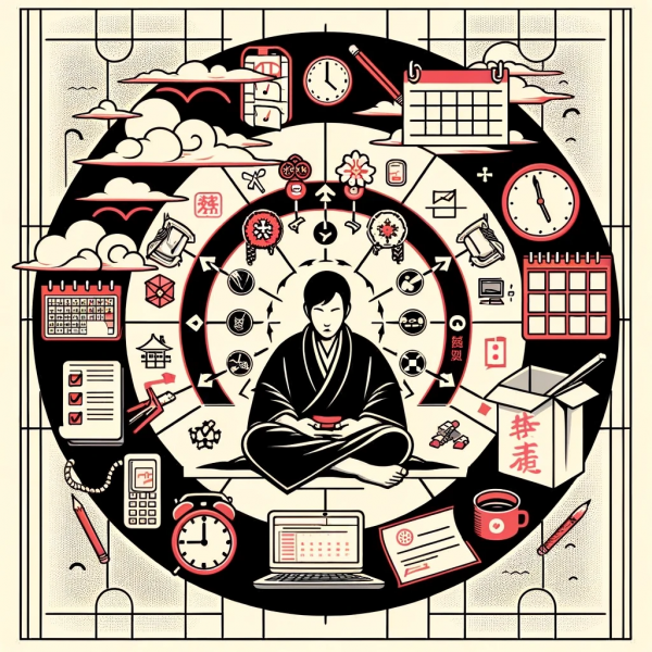 Ilustración esquemática de un sysadmin organizando y priorizando tareas, simbolizado por relojes, calendarios y listas de verificación